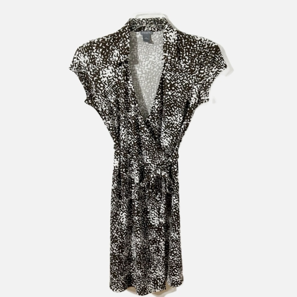 Ann Taylor Petites Cap Sleeve Wrap Style Midi Dress Tie at Waist Brown White